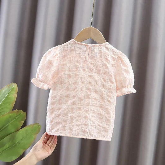 Girls' Summer Clothes Korean Style Western Style Shirt, Female Baby All-match Bow Tie Short-sleeved Princess Shirt