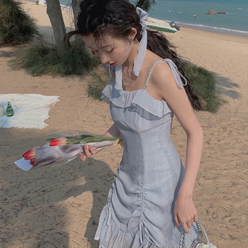 Sling Dress Slimming Short Skirt Female Gentle Wind Sweet Cute Sling Dress Ladies Dress Fabric Light and Breathable Ruffled Cute Princess Style