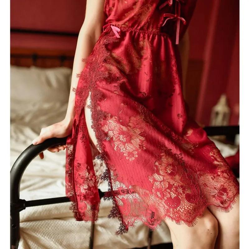 Women's Embroidered Pajamas Dresses Two-piece Summer French Style Sexy Lace Hollow Suspender Nightdress Slit Show Back Sexy Homewear