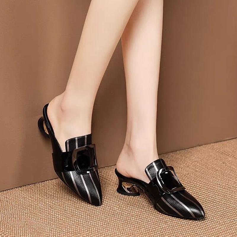 Soft Leather Sandals Women Middle Heel Slippers Pointed  Slippers Thick Heel Sexy Heel Sandals