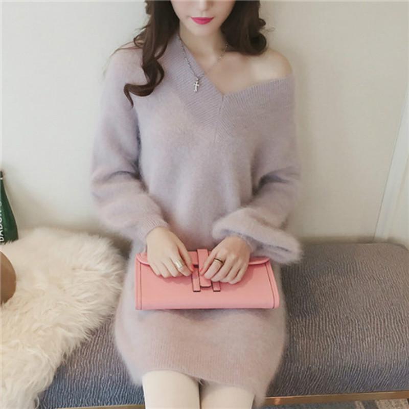 Pofulove long loose knitted base shirt autumn and winter new women's v-neck imitation mink sweater