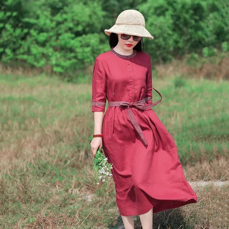 M-XXXXL Plus Size Ethnic Style Dress Linen Print Retro Cheongsam Round Neck Button Closure Dress with Belt