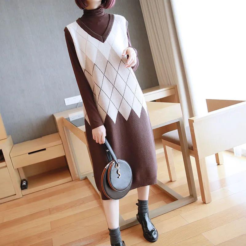 Women's Vest Sweater Dress Autumn and Winter Long Over The Knee Loose V-neck Sleeveless Vest Knitted Dress Temperament Base Lining