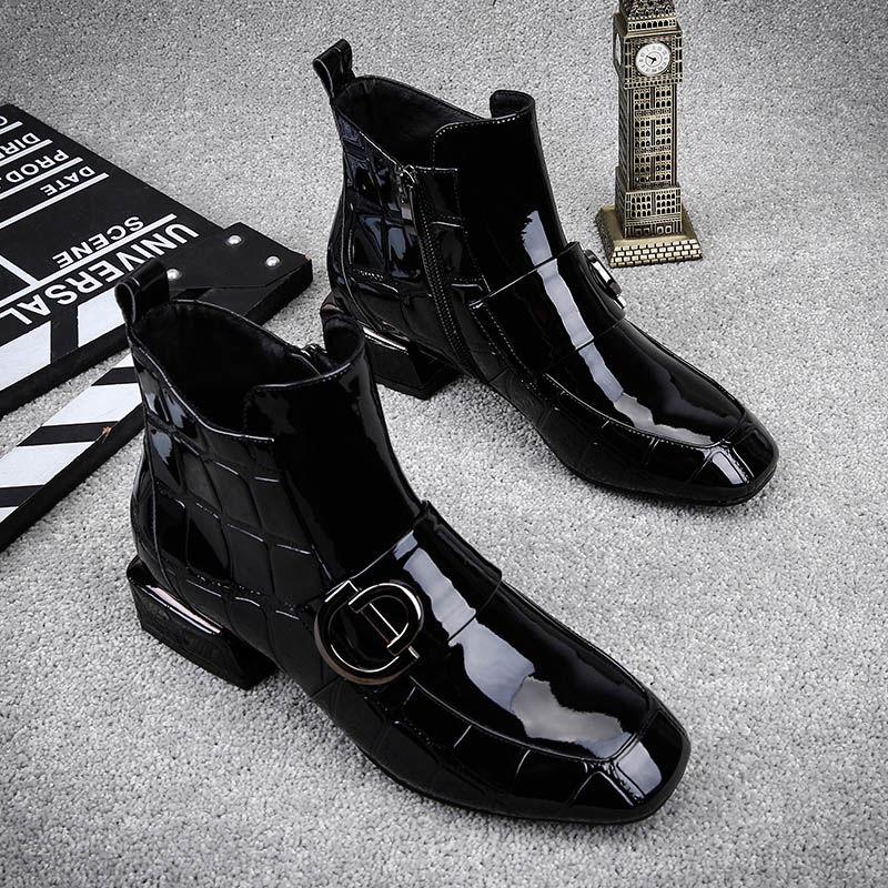 Winter Autumn Women Boots Square Heel Ankle Boots Paint Leather Boots Motorcycle Botas Lady Shoes