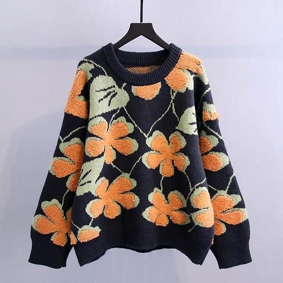 Women's Winter Round Collar Flower Sweater Female Autumn Large Size Outdoor Loose Warm Versatile Knitted Pullover