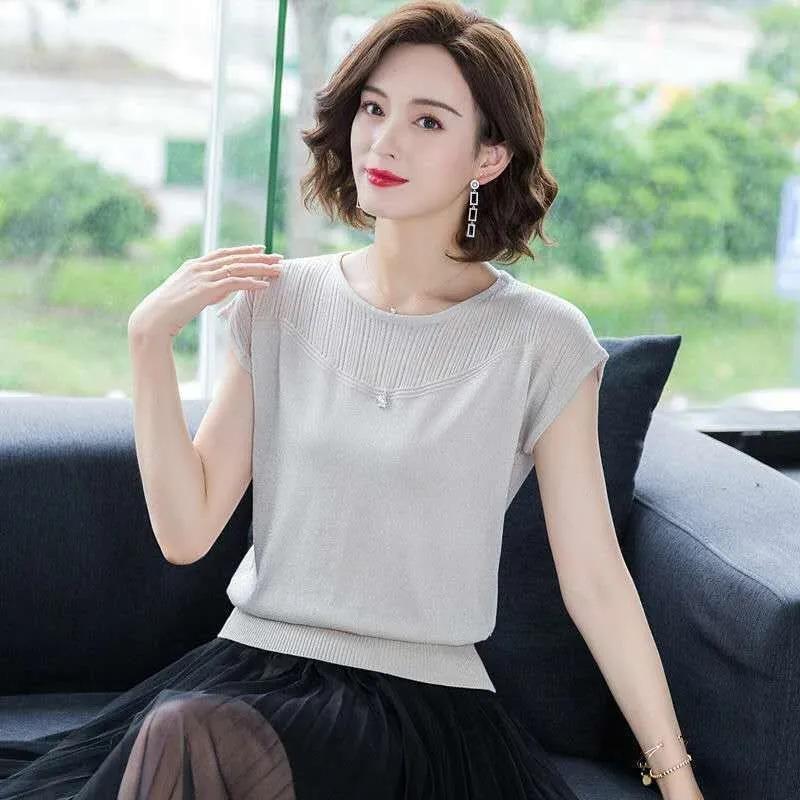 Knitted Short-sleeved Black T-shirt Women's Summer Thin Middle-aged Large Size Loose