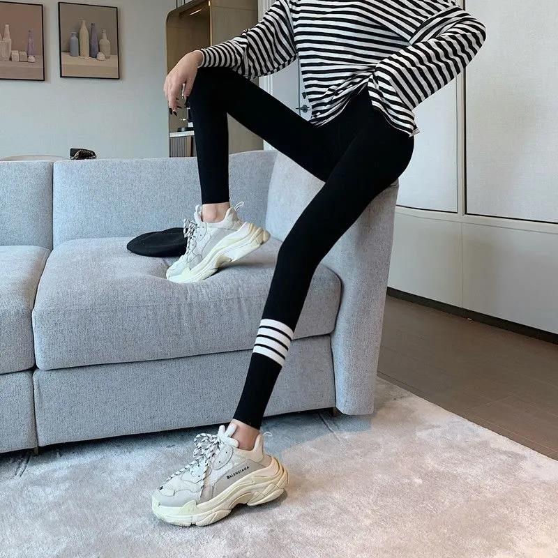 Pants Leg Printing Winter Plus Velvet Thick Vertical Stripes Leggings Women's Outer Wear Trousers Plus Size Tight-fitting Stretch High-waist Pants