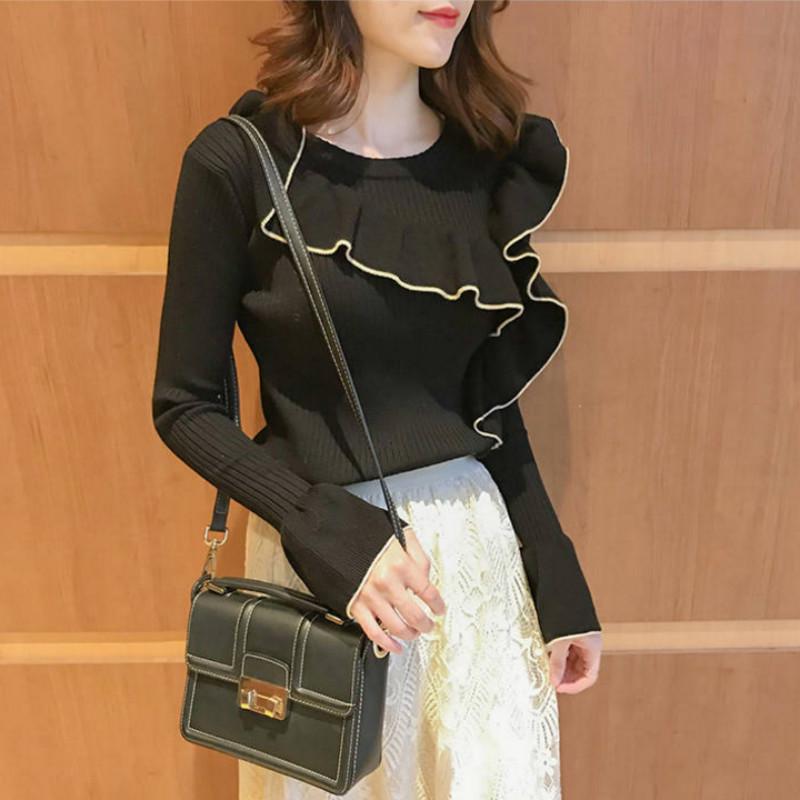 Pofulove early spring new sweater sweater women sweet temperament ruffled flared sleeve cardigan