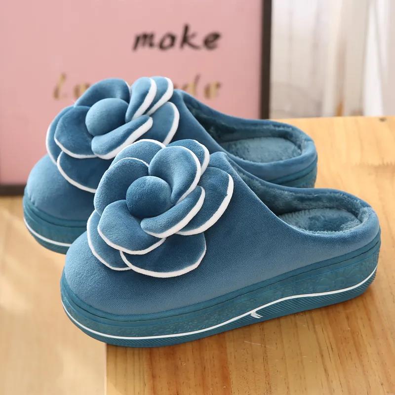 Women Autumn and Winter Indoor Slippers Solid Color Warm Plush Home Slipper Non Slip Flat Soft Flower Slippers