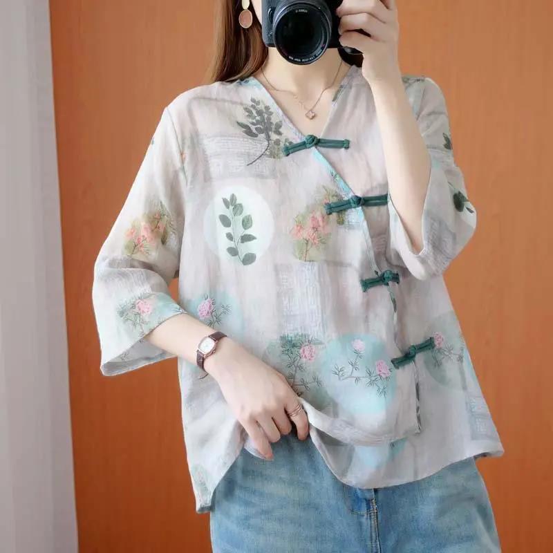 Large Size Shirt Women's Retro Loose Ethnic Style Top Printing Slanted Placket Button V-neck Irregular Shirt