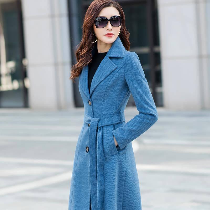 Long Woolen Coat Elegant Blue Wool Jacket with Belt Winter Warm Slim Overcoat Women Clothing