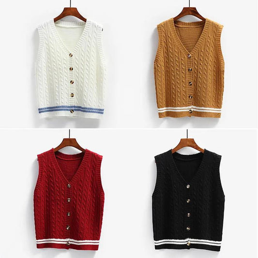 Twist Knitted Vest Women's V-neck Cardigan Spring and Autumn Korean Loose Thick Wool Vest Sleeveless Sweater Jacket