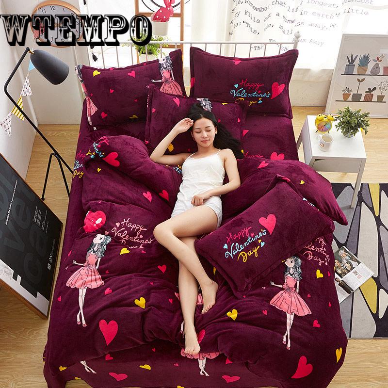 Thick Cotton Soft Bedroom Home Textile Set Flannel Kit Bed Four-piece Winter Warm Quilt Cover