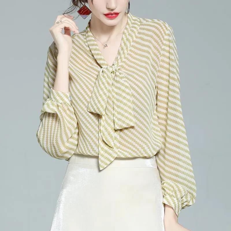 Chiffon Shirt Women's Spring and Autumn Long Sleeve Striped Bow Top