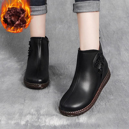 Plus Velvet Padded Cotton Shoes Short Boots Retro Anti-slip Tendon Bottom Real Soft Leather Boots Women