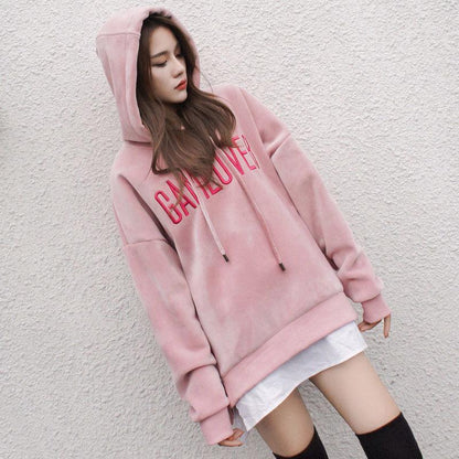 Cotton Women's Sweatshirt Wild Large Size Long Sleeve Warm Hood Top Autumn Winter Sweatshirt