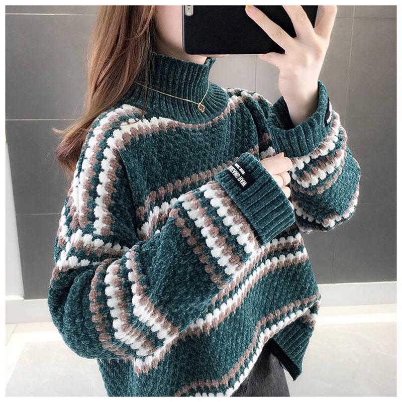 Pofulove Women stripe Turtleneck sweater pullover winter pleuche sweater Knit Long Sleeve jumper