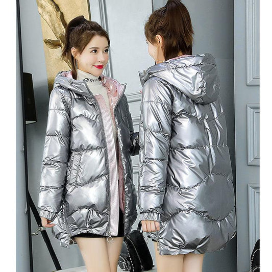 Winter Fashion Trend Cotton Coat Women's Mid-length Korean Style Loose Thick Warm Bright Leather Hooded Cotton Coat