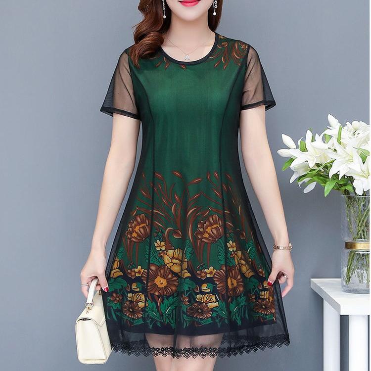XL-XXXXXL Plus Size  Mid-length Printed Round Neck Thin Chiffon Neck Short Sleeve  Over-the-knee Dress Mom A-line Skirt