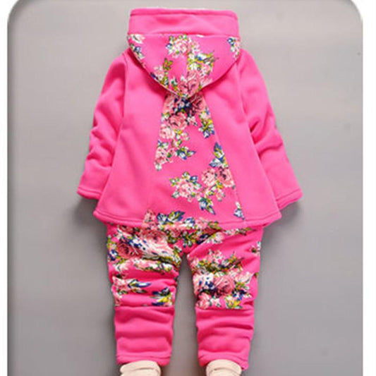 Girls Autumn and Winter Print Explosive Head Pattern Plus Velvet Suit To Keep Warm Children's Two-piece Long-sleeved Gold Mink Velvet Jacket