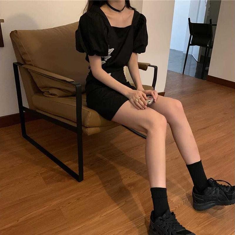 Black Butterfly 2 Pieces Ladies Suit Skirt Spring and Summer Short Sleeve Casual Vacation Office Home