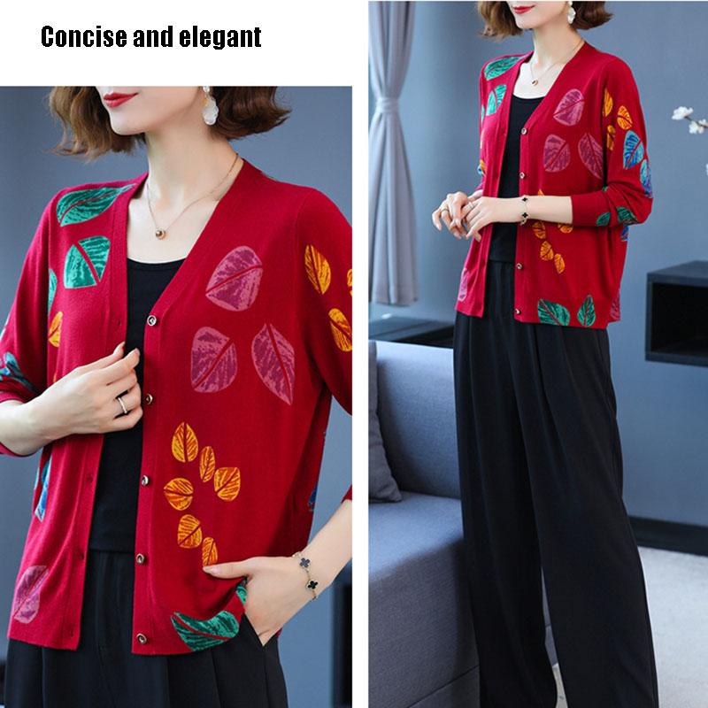 3D Leaf Printed Cardigan Women High-end Plus Size Cardigan  Short Knitted Jacket Wool Cardigan  Outer Wear