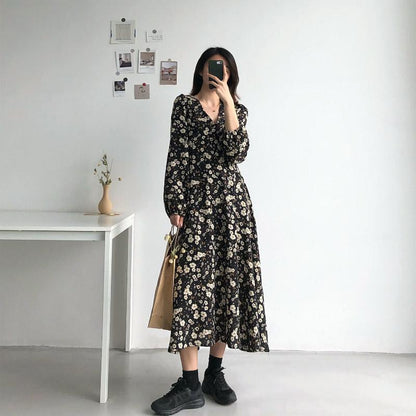 French Temperament Retro V-neck Floral Skirt Female Spring Summer Waist Thinner Over The Knee Chiffon Dress