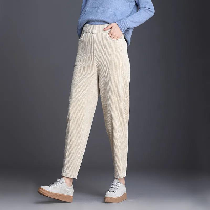 Plus Velvet Pants Autumn and Winter Women Thickened Corduroy Female Carrot Pants White Loose Korean Harem Pants Old Pants