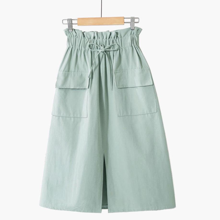 Casual Solid A-line Cotton Midi Skirts Women 2020 Summer Long Black Skirts Womens Pocket Elastic Waist Womens Skirts Female
