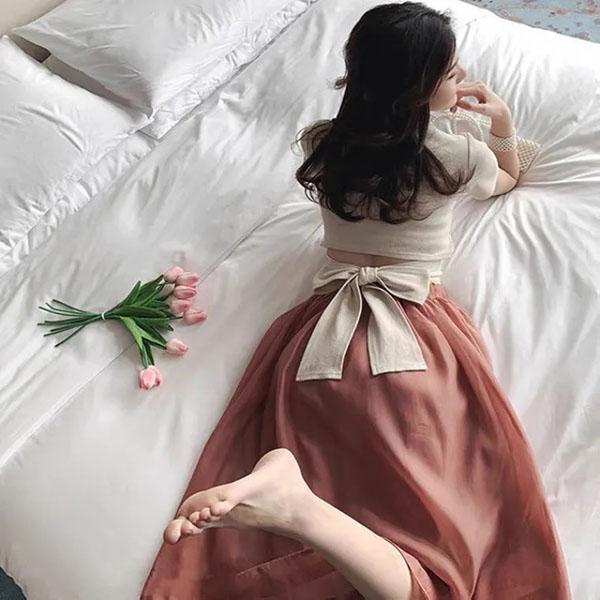 Two-piece Skirt Suit Summer Ladies Bow Tie Cotton Top T-shirt + Organza Chiffon Skirt Sexy Show Waist A-line Skirt Suit