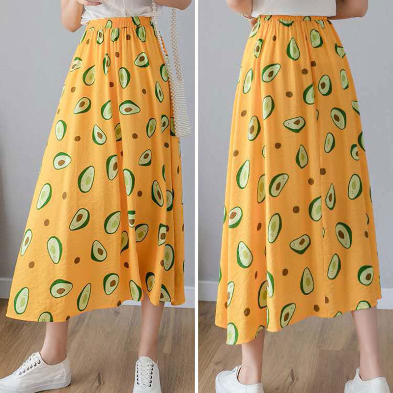 Skirts Womens Female Casual Ankle-length Skirt Summer Loose Thin A-line Skirts High Waist All-match Avocado Print Skirt