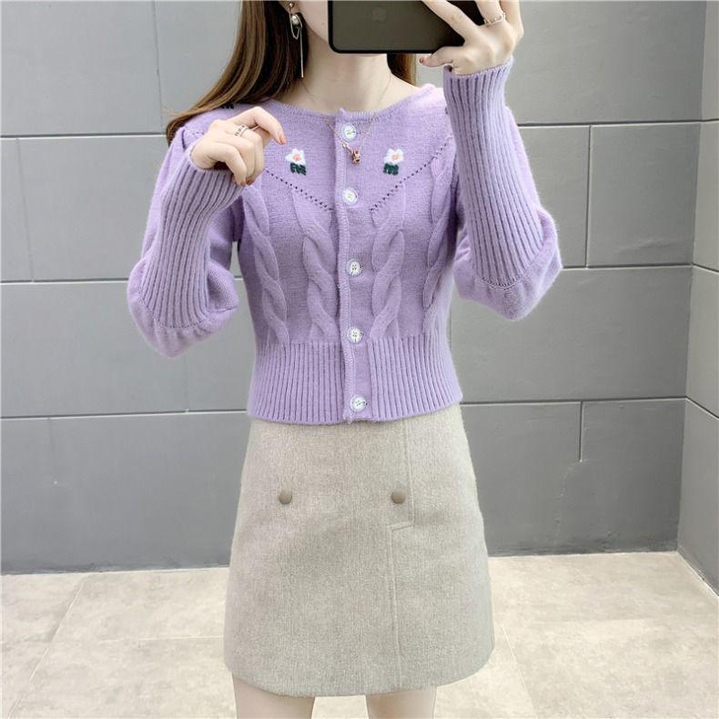 Autumn and Winter Round Neck Knitted Cardigan Students Wear Long-sleeved Tops All-match Slim Sweater Women