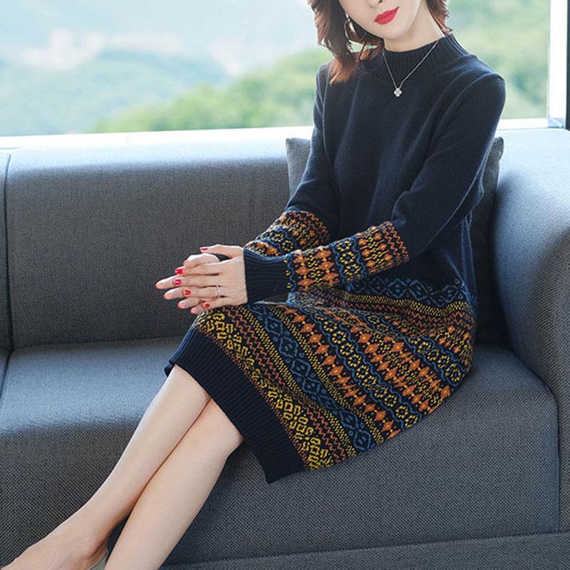 Women's Retro Rhombus Printed Sweater Long Jacquard Knitted Dress Pullover Sweater Dress with Pockets for Bottoming or Outer Wear