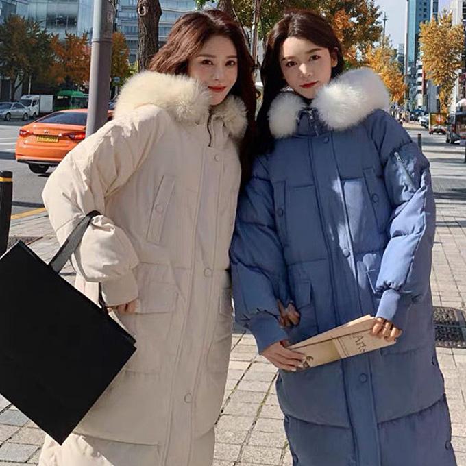Autumn and Winter Fluffy Big Fur Collar Down Padded Jacket Women's Mid-length Plus Size Loose Padded Padded Over-knee Bread Jacket Padded Jacket