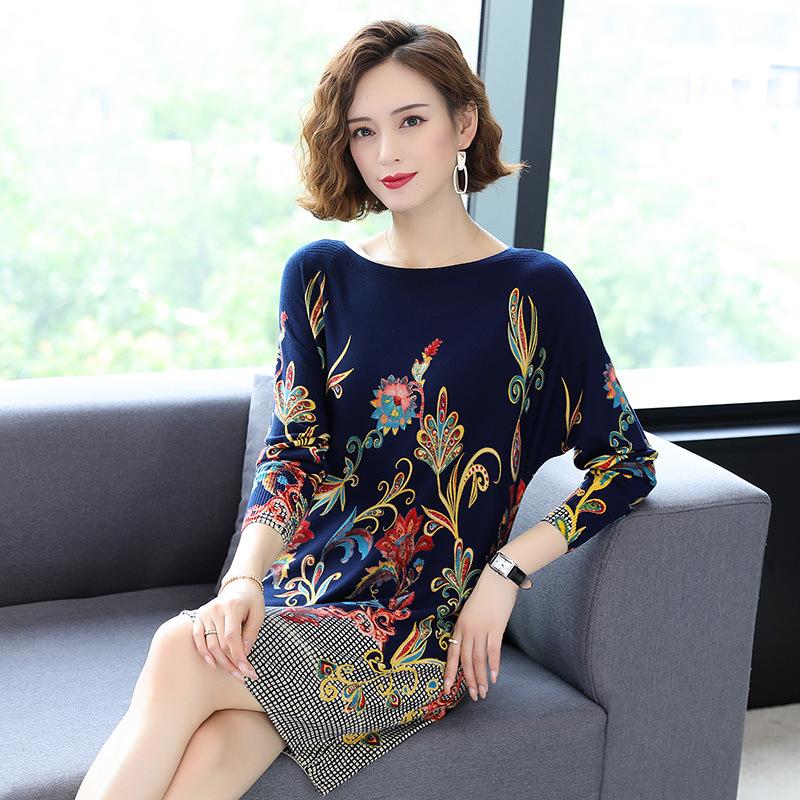 Floral Print Sweater Dress Women Long Sleeve Loose Casual Long Jumper Ladies Autumn Winter Sweater Dress