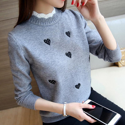 Women's Round Neck Short Sweater Solid Color High Collar Print Sweater Spring and Autumn Sweater