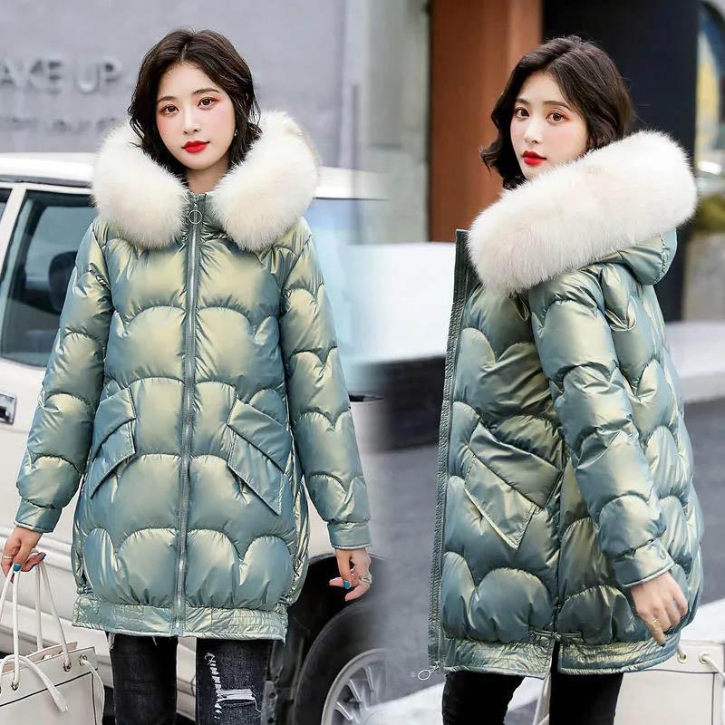 Glossy Disposable Cotton-padded Jacket Women's Loose Mid-length Large Fur Collar Thick Coat