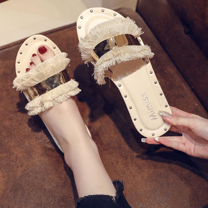 Slippers female summer wear wild word flip flops retro fashion flat bottom beach sandals slippers