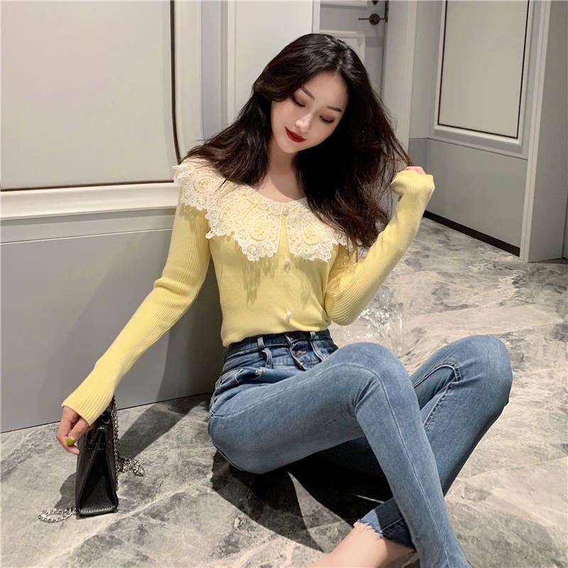 Pofulove Girly Lace V Neck Bottoming Knitwear Skin-friendly High Elastic Fit Women Pullover Sweater