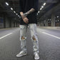 Classic Washed and Distressed Light Blue Ripped Cat Whiskers Slim-fit Jeans