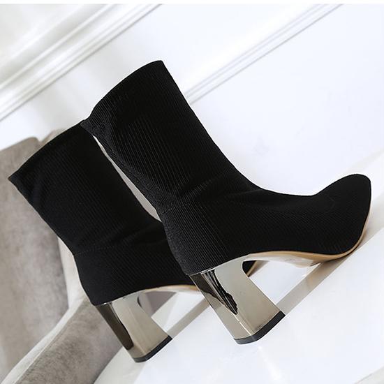 Thick -Heeled High -Heeled Boots Women 'S Wild Black Pointed Toe Boots Stretch -Knit Medium Tube Martin Boots