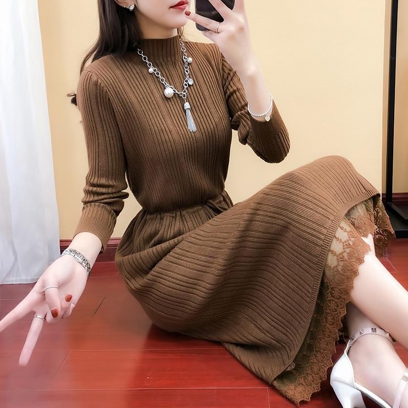 Long Sweater Dress Over The Knee Thickening New Women's Half High Neck Lace Stitching Lace Knitted Dress