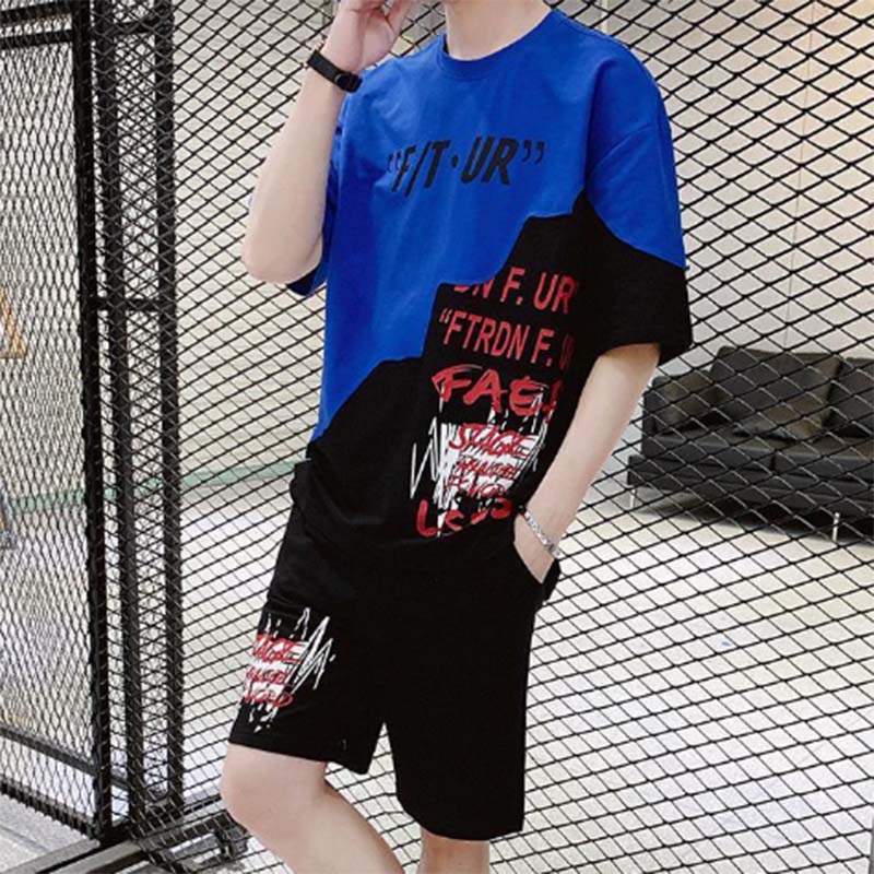 Summer Men's Contrast Color Short-sleeved T-shirt Sports Casual Suit Trendy Casual Five-point Shorts Handsome Summer