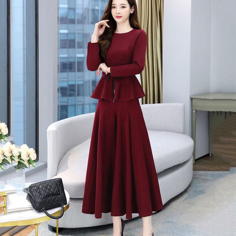 Suit Women's Spring and Autumn Dress Ladies Temperament Two-piece Set of Nine-point Wide-leg Pants + Round Neck Long-sleeved Top