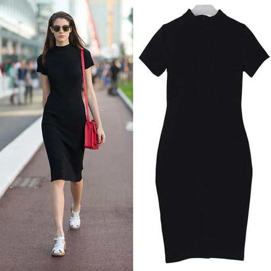 Summer Round Neck Enough Stock Short-sleeved Dress Black Dresses Casual Elegant Sheath Slim Dress