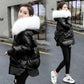 Ladies Winter Glossy Jacket Windproof and Waterproof Parka Hooded Big Fur Collar Coat Split Design Elastic Cuffs Large Size Loose Parka