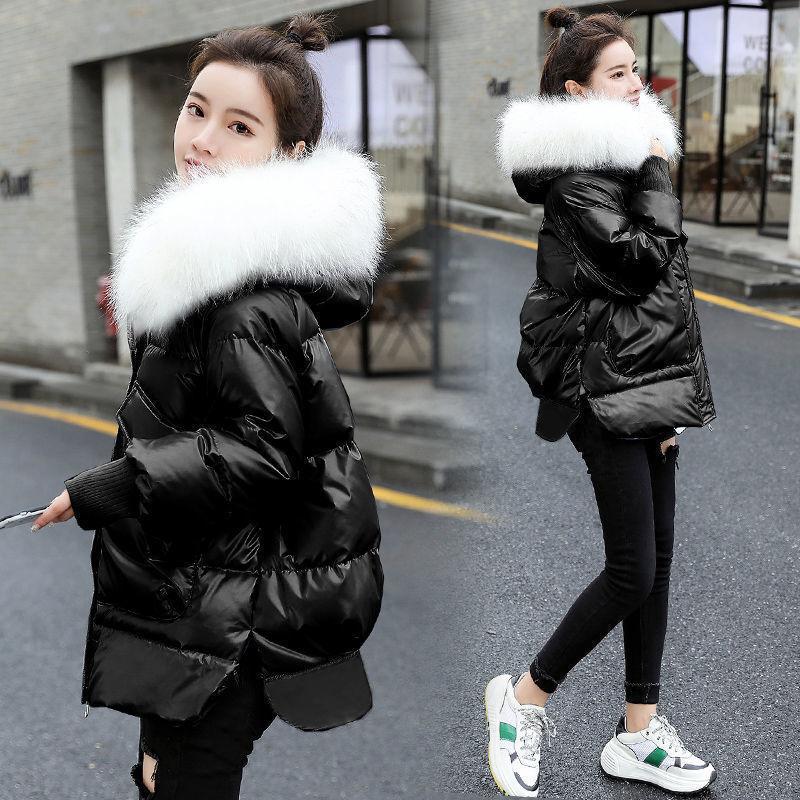Ladies Winter Glossy Jacket Windproof and Waterproof Parka Hooded Big Fur Collar Coat Split Design Elastic Cuffs Large Size Loose Parka