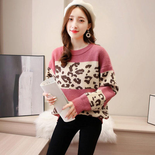 Leopard Print Casual Round Neck Pullover Sweater Women's Outer Wear Autumn  Winter Loose Knit Bottoming Shirt Thick