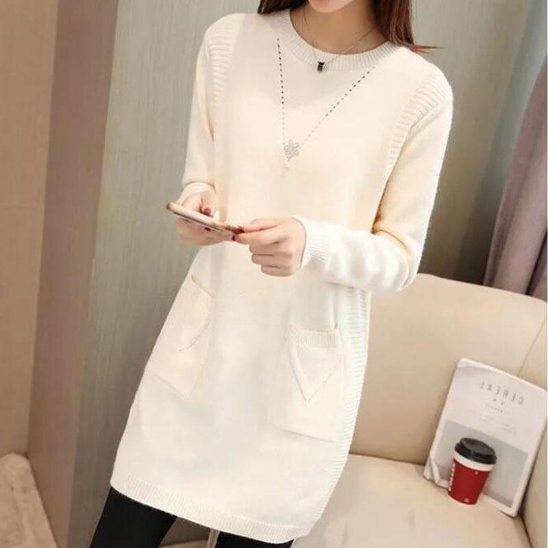 Women's Mid-length Knit Sweater  dress Winter Loose Round Neck Pullover Sweater Thick Knitwear Skirt with Pockets