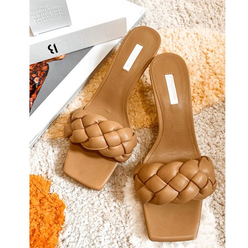 Summer All-match Thin and Woven Square Head High-heeled Sandals Female Fairy Fashion Sandals and Slippers